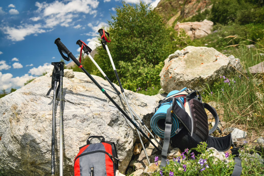 Nordic walking sticks, backpacks in the mountains